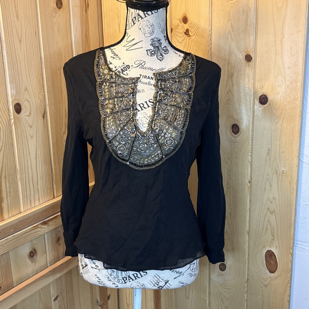 Vintage Y2K Lela Rose Black Whimsigoth Beaded Sequence Top Silk 10